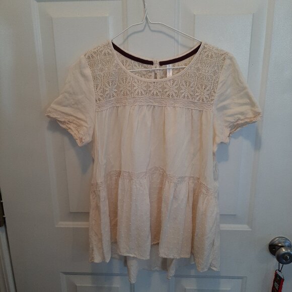 Xhilaration Semi-sheer Swiss Dot Top; Crochet Lace Trim; Large; EUC - Picture 1 of 4